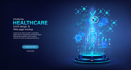 Poster - Medical examination DNA molecule, biological information, genetic code. 3D Hi-tech medical examination of human analyzes, identification of predisposition to diseases. 3D hologram DNA molecule.