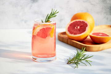 Wall Mural - Elegant glass with a fresh, cooling cocktail of fresh grapefruit or red orange with ice cubes and a sprig of rosemary on a gray background on a bright sunny day. Vacation and summer drinks concept.