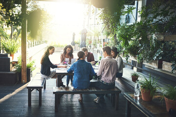 Poster - Staff, group and meeting at a coffee shop, planning and startup success with brainstorming, creative ideas and conversation. Team, cafe or business people with teamwork, creativity and design project