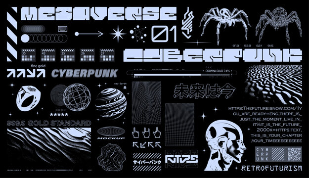 Wall Mural -  - Brutalism, retrofuturistic, y2k concept. Futuristic graphic elements, geometric shapes, textures, digital lettering. Cyberpunk graphic elements set. Translation from Japanese - cyberpunk. Vector Y2K