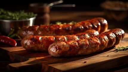 Grilled sausages on a wooden board Illustration AI Generative.