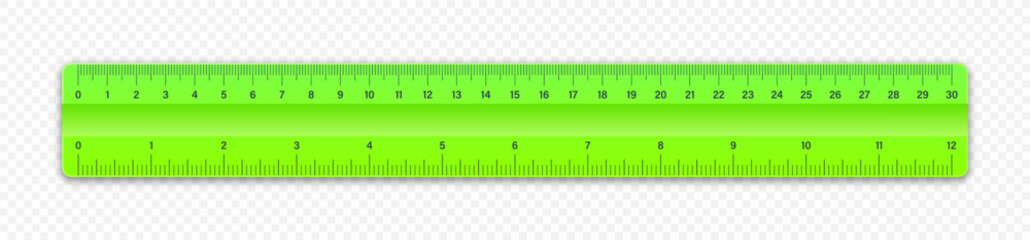Wall Mural - Realistic green plastic ruler with measurement scale and divisions, measure marks. School ruler, centimeter and inch scale for length measuring. Office supplies. Vector illustration