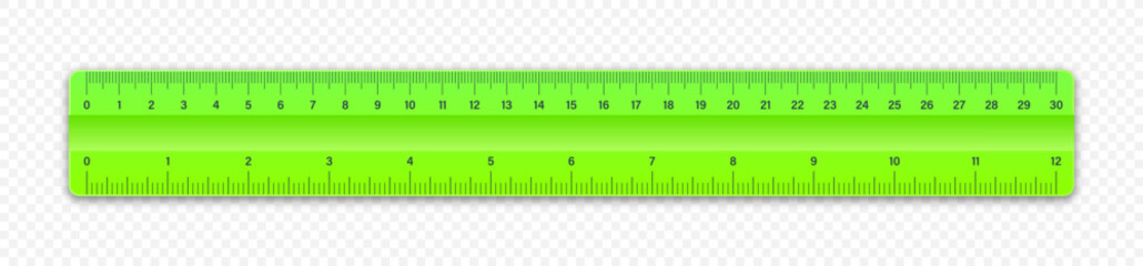 Sticker - Realistic green plastic ruler with measurement scale and divisions, measure marks. School ruler, centimeter and inch scale for length measuring. Office supplies. Vector illustration