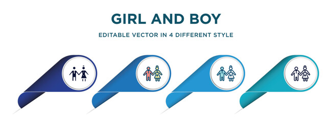 Poster - girl and boy icon in 4 different styles such as filled, color, glyph, colorful, lineal color. set of   vector for web, mobile, ui