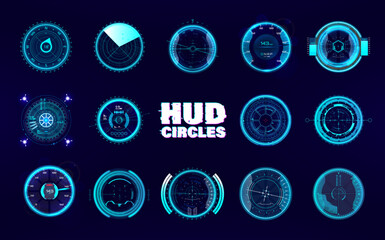 Poster - Futuristic HUD gadgets holograms, circle sniper scope, crosshairs, radar, speedometer with neon effect. HUD, Sci-fi, GUI, UI futuristic elements, circle cyberpunk hologram, Sniper rifle. Vector set