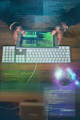 Poster - Hacking, man hands and tablet screen with gaming software, code access and password success in data overlay. Online hacker, cyber thief or coding person hacking on digital programming or computer app