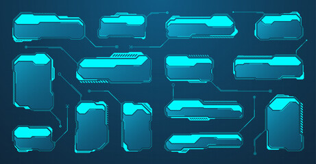 Blue futuristic HUD or UI elements. Sci-fi user interface text boxes, callouts. Warning message frames, information boxes template. Modern game interface layout in digital style. Vector illustration