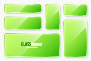 Wall Mural - Realistic glass frames collection. Green transparent glass banners with flares and highlights. Glossy acrylic plate, element with light reflection and place for text. Vector illustration