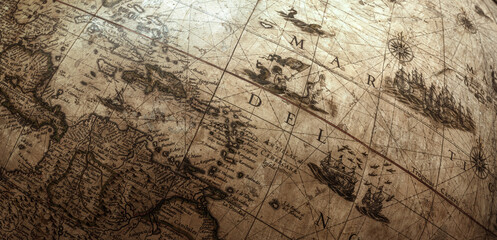 fragment of an ancient globe. old globe map background. a concept on the topic of sea voyages, disco