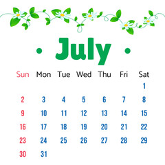 July 2023 Calendar. July 2023 Calendar with Vector daisies and green leaves Illustration. Wall Desk Calendar Vector Template, Simple Minimal Design. Wall Calendar Template For July 2023.