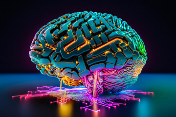 Poster - Brain abstract digital human brain. Neural network digital Electrical activity, flashes and lightning. Artificial brain, neon light abstract background.