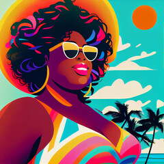 Summer beach lady in cute bold fun illustration style, bright colors, high contrast cheerful style; plus size black woman African American looking cool fashionable in sunglasses (generative AI, AI)
