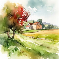 Wall Mural - Summer in the French Countryside: A Watercolor Landscape of Trees, Grass, and Fields: Generative AI