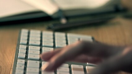 Poster - Zoom, hacker or programmer hands with keyboard for database coding, web design or typing UX software code. Closeup, hand or developer with notebook for planning, data analysis or strategy search.