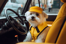 Cute White Puppy Dog Smiling Wearing Yellow Taxi Driver Uniform, Generative AI
