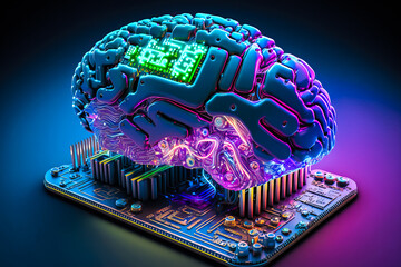 Poster - Ai chipset with human brain on computer circuit board. Artificial intelligence, Data mining, and Deep learning modern computer technology. Ai CPU concept.