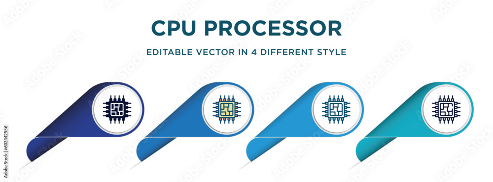 cpu processor icon in 4 different styles such as filled, color, glyph ...