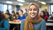 young adult woman wearing headscarf in a classroom with classmates