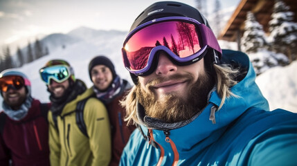 young adult people women outdoor in front of a ski hut or restaurant in winter, vacation and leisure time in winter, with winter hat and winter jacket and ski goggles, fun and joy