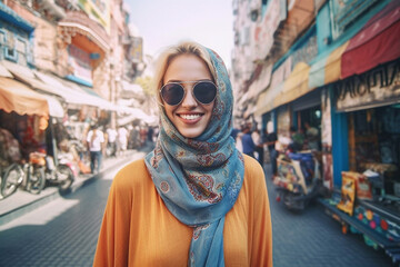 Wall Mural - young adult woman with a headscarf as sun protection, caucasian, on a street in a large old town, fictional place