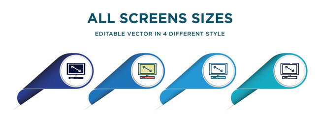 Poster - all screens sizes icon in 4 different styles such as filled, color, glyph, colorful, lineal color. set of   vector for web, mobile, ui