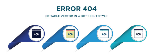 Poster - error 404 icon in 4 different styles such as filled, color, glyph, colorful, lineal color. set of vector for web, mobile, ui