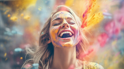 having fun and being happy, a young woman is overjoyed and exploding in colors, colorful happiness a