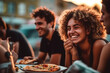 group of friends eating pizza together in restaurant, city life free time or travel and vacation, meeting friends and going out for dinner. Generative AI