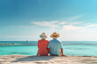 old man and old woman on vacation, back view, sitting on sun lounger chair right on the beach by the sea by the water, empty pristine white sandy beach with shallow water. Generative AI