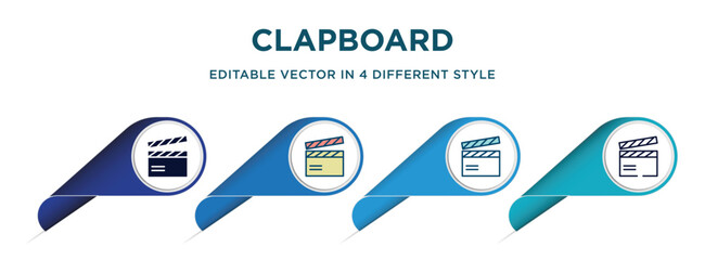 Poster - clapboard icon in 4 different styles such as filled, color, glyph, colorful, lineal color. set of ve