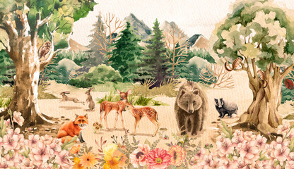 watercolor illustration of forest animals, children's story scene: bear, deer, rabbit, flowers and t