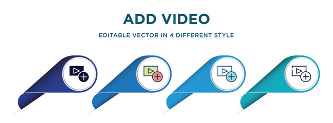 Poster - add video icon in 4 different styles such as filled, color, glyph, colorful, lineal color. set of vector for web, mobile, ui