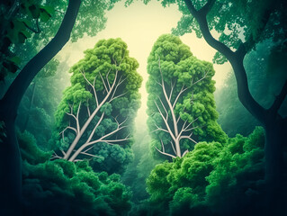 Tree branches shaped like human lungs, forest protection ecology illustration.