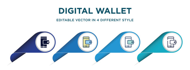 digital wallet icon in 4 different styles such as filled, color, glyph, colorful, lineal color. set of vector for web, mobile, ui