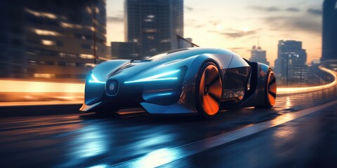 Poster - futuristic electric car, super car driving on city highway road with motion blur. distinct generativ