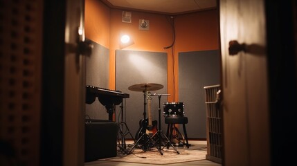 Poster - Recording studio A soundproofed room equipped with a music record. AI generated