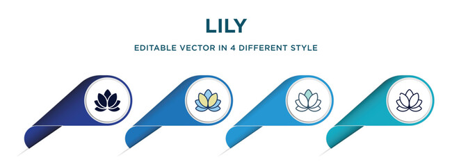 Poster - lily icon in 4 different styles such as filled, color, glyph, colorful, lineal color. set of vector for web, mobile, ui