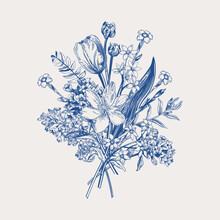 Spring Bouquet. Vector Illustration. Garden Flowers. Bloom. Blue