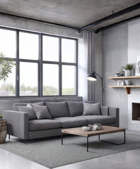 Wall Mural - Interior design of a living room with grey long sofa and grey walls | High-resolution illustration of a living room with grey furniture and grey walls | Generative Ai | Modern and stylish living room