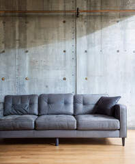 Wall Mural - Interior design of a living room with grey long sofa and grey walls | High-resolution illustration of a living room with grey furniture and grey walls | Generative Ai | Modern and stylish living room