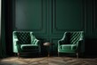 Two green seats with copy space in a classic interior. moldings on green walls. herringbone parquet flooring. electronic illustration. Generative AI