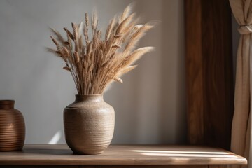 There are dried flowers and pampas grass in a ceramic vase on a wooden table with no lettering. Detail of a comfortable minimalistic home. Generative AI