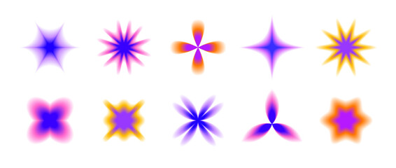 Poster - Y2k blurred gradient flowers and stars set. Blurry flower aura collection. Colorful abstract trendy elements for logo, templates, badges, stickers, collages. Vector pack 