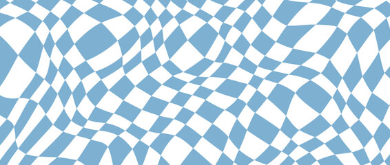 Poster - Retro distorted checkerboard background. Blue trippy psychedelic checkered wallpaper. Wavy pool surface. Abstract twisted groovy geometric pattern. Vector backdrop