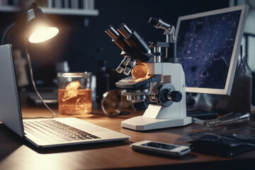 Poster - Student working with microscope and laptop in chemistry class,  Generative AI
