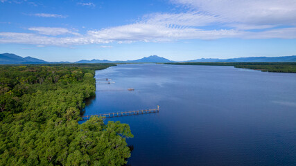 Aerial view of the city of Cananéia. Mangrove and sea at Ilha do Cardoso state park