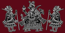 Indian Goddess Kali. With Sevak Servants Drawn In Pinguli Folk Art Style Of Maharashtra India. Ramayan Great Hindu Epic, For Textile Printing, Logo, Wallpaper