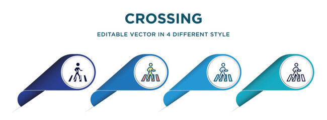 Poster - crossing icon in 4 different styles such as filled, color, glyph, colorful, lineal color. set of vec