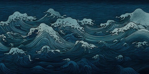 Traditional Japanese ukiyoe Dark blue and white Rough wave texture, weathered like an old map Abstract, Elegant and Modern AI-generated illustration