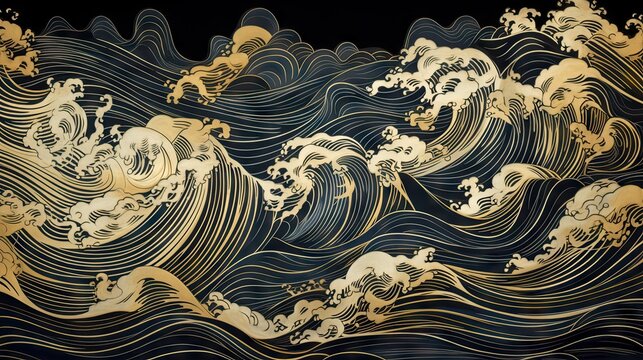 Wall Mural -  - Traditional Japanese Ukiyoe blue and beige, tossed by rough waves, old map texture Abstract, Elegant and Modern AI-generated illustration
